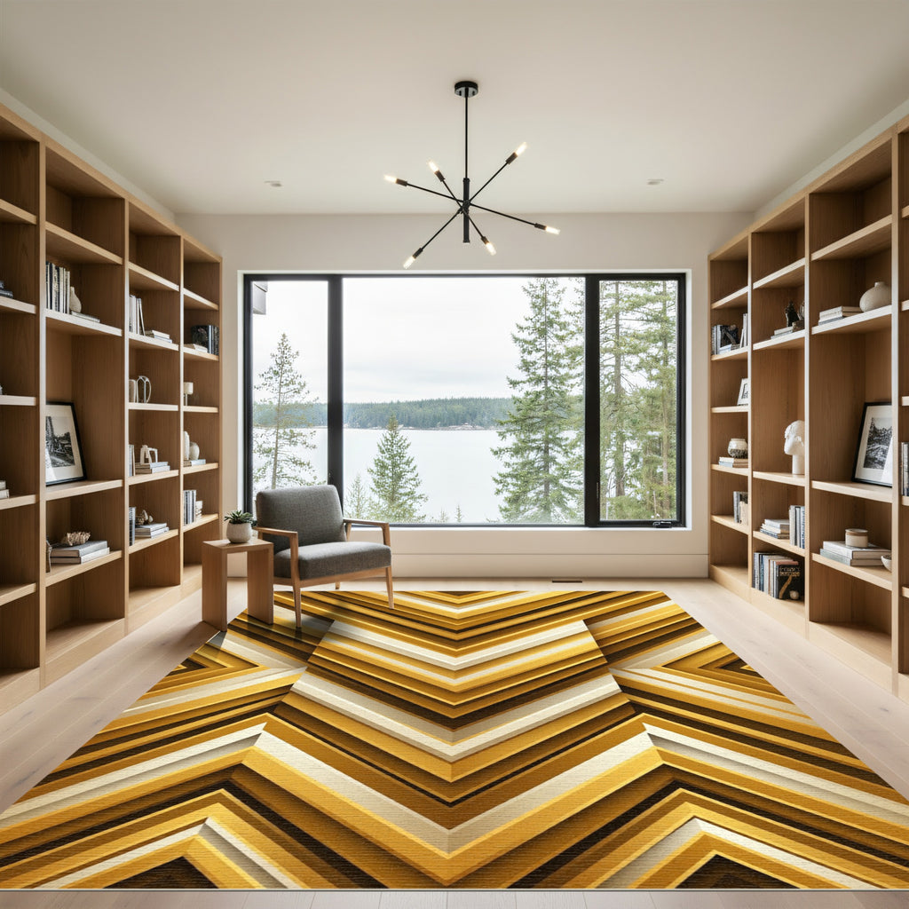 Geometric Gold Chevron Layered Abstract Rug