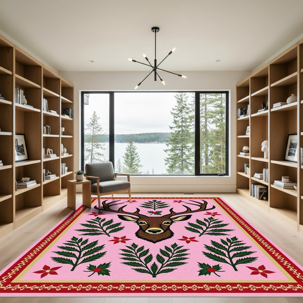 Pink Deer Floral Fern Border Rug