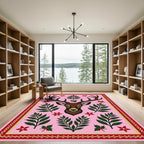 Pink Deer Floral Fern Border Rug