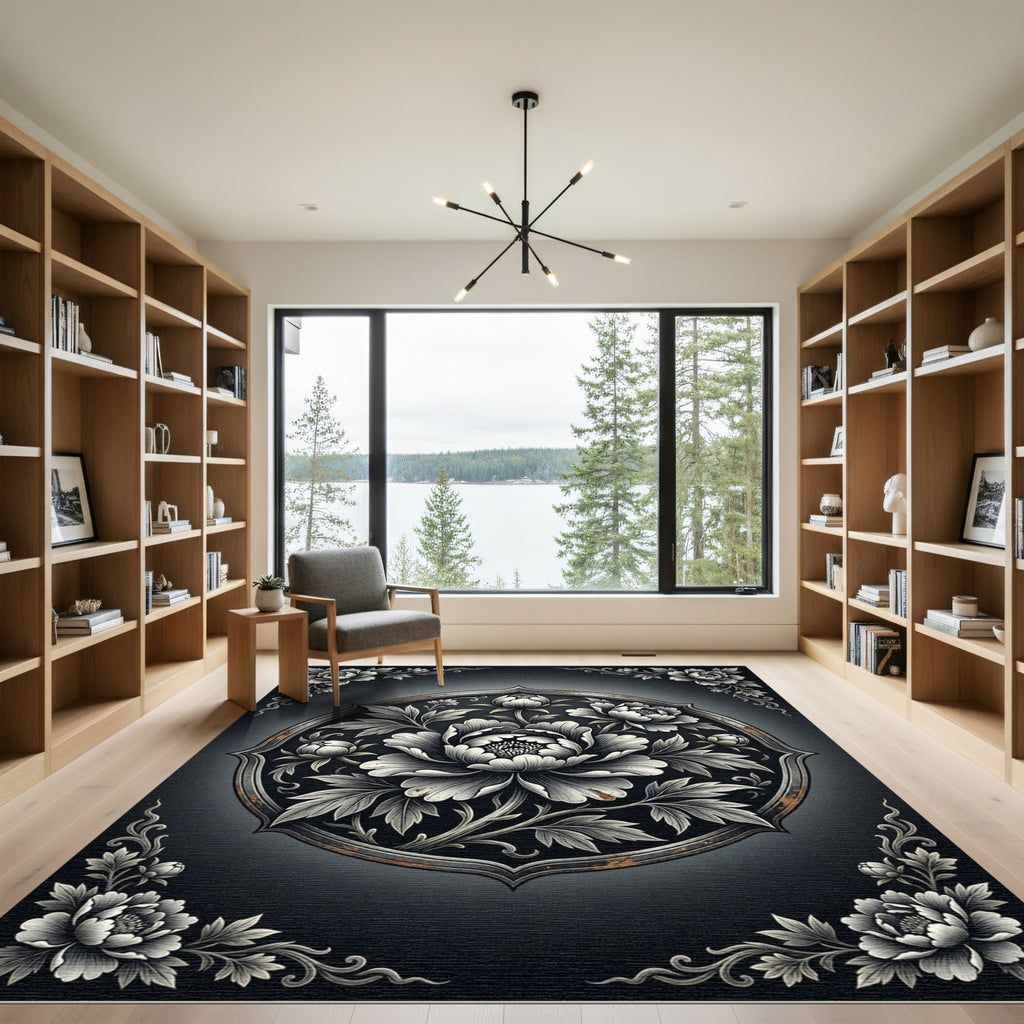 Monochromatic Embellished Peony Circular Medallion Rug