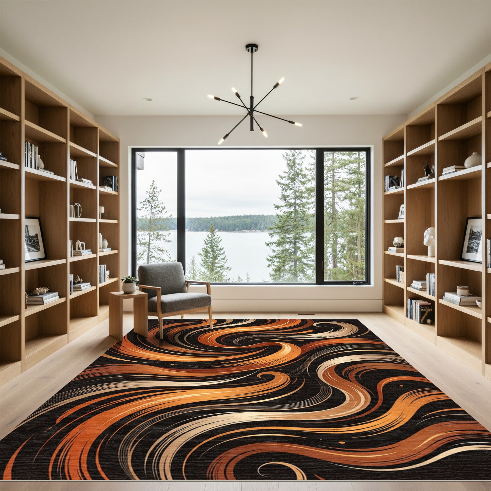 Earthy Amber Golden Swirl Wave Rug