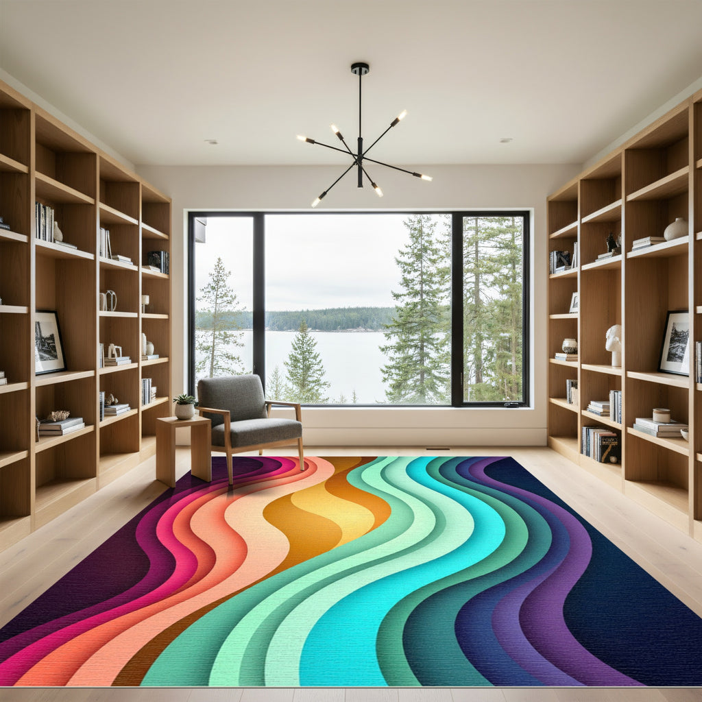 Vibrant Rainbow Flowing Wave Abstract Rug