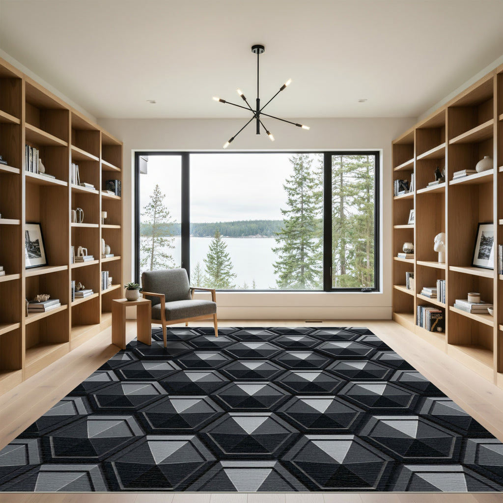 3D Hexagonal Geometric Dark Gray Rug