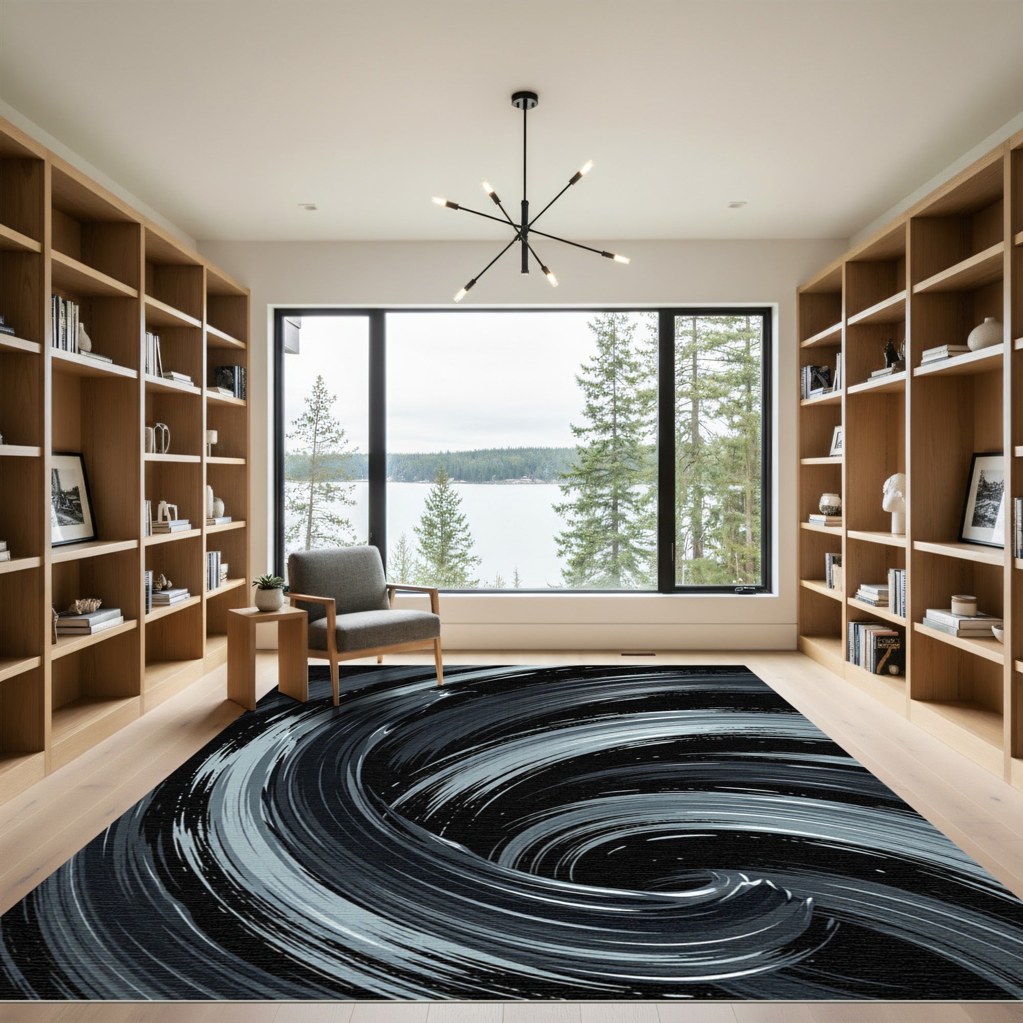 Monochrome Abstract Swirl Fluid Art Rug