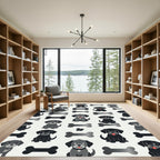 Playful Black Puppy and Bone Illustration Rug