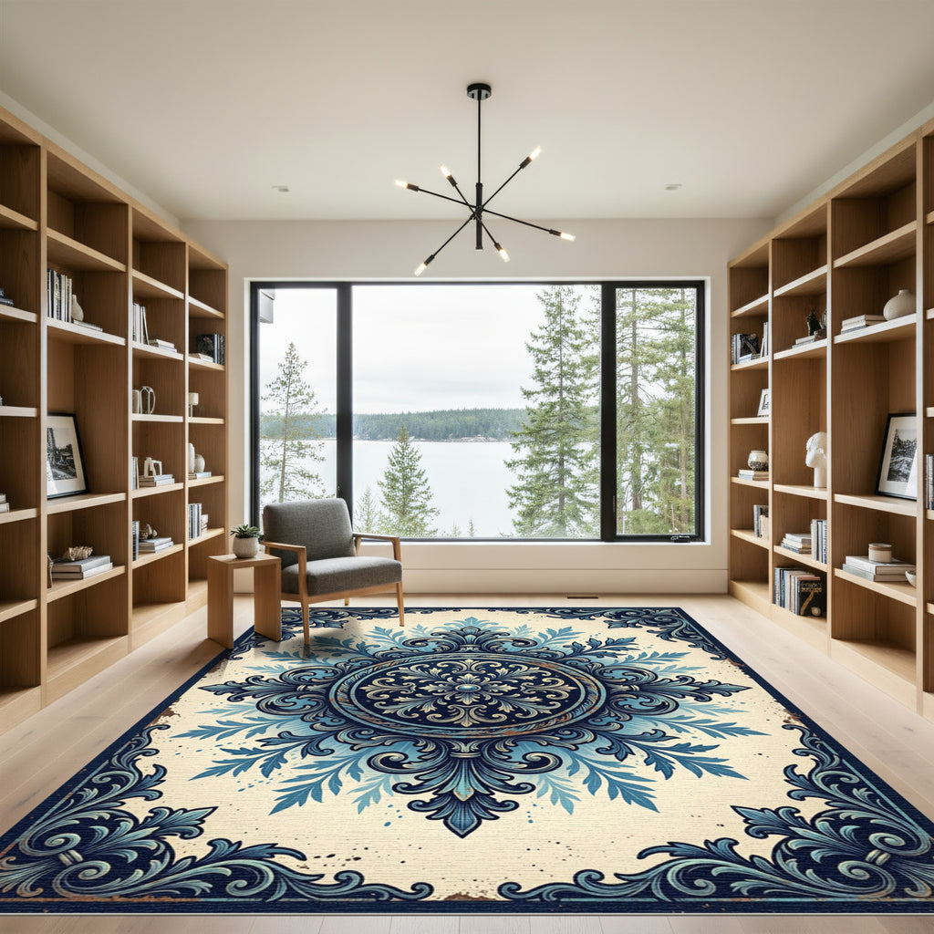 Ornate Blue Filigree Damask Medallion Rug