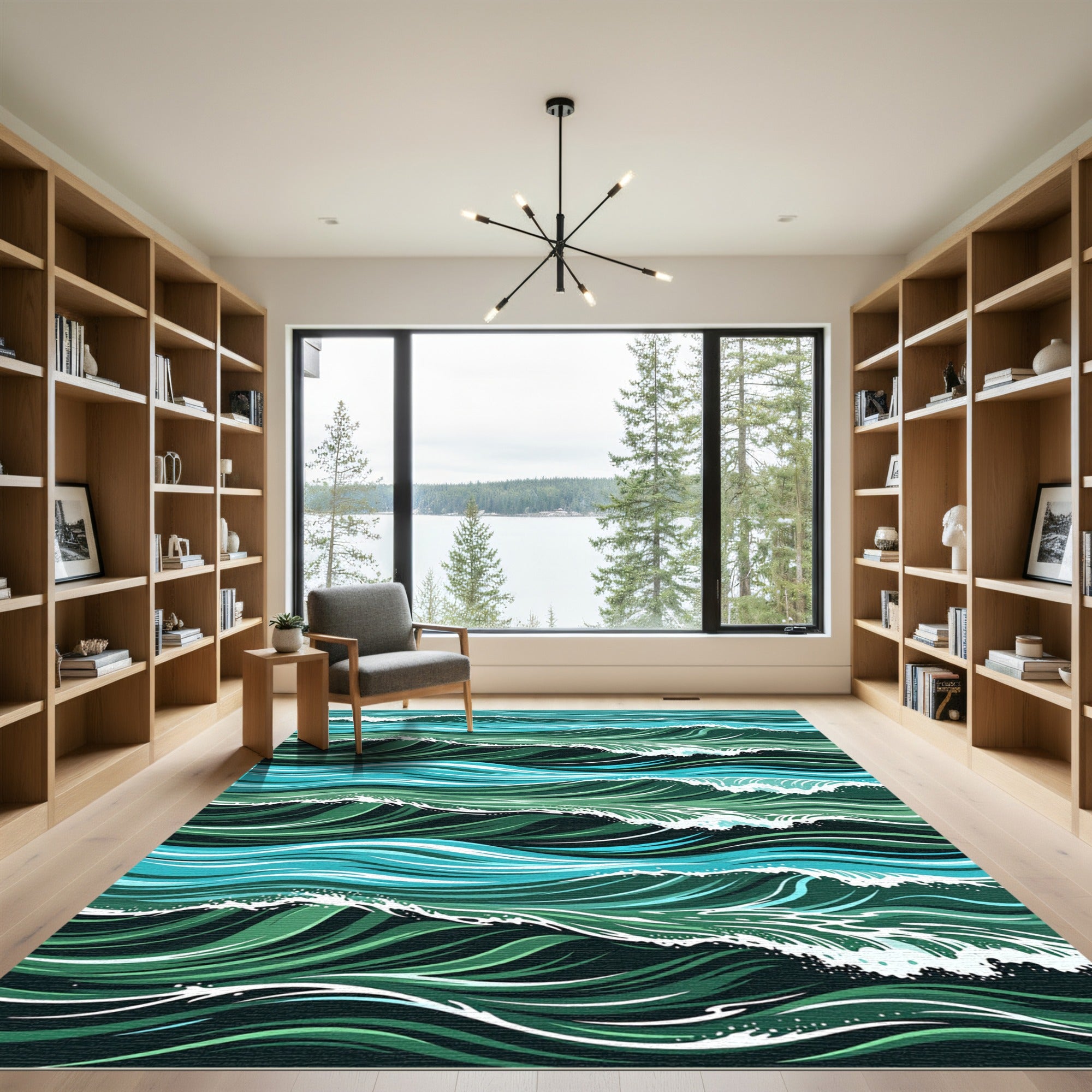 Deep Teal Layered Ocean Wave Rug