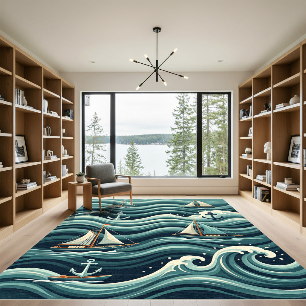 Nautical Sailboat and Anchor Wave Art Rug