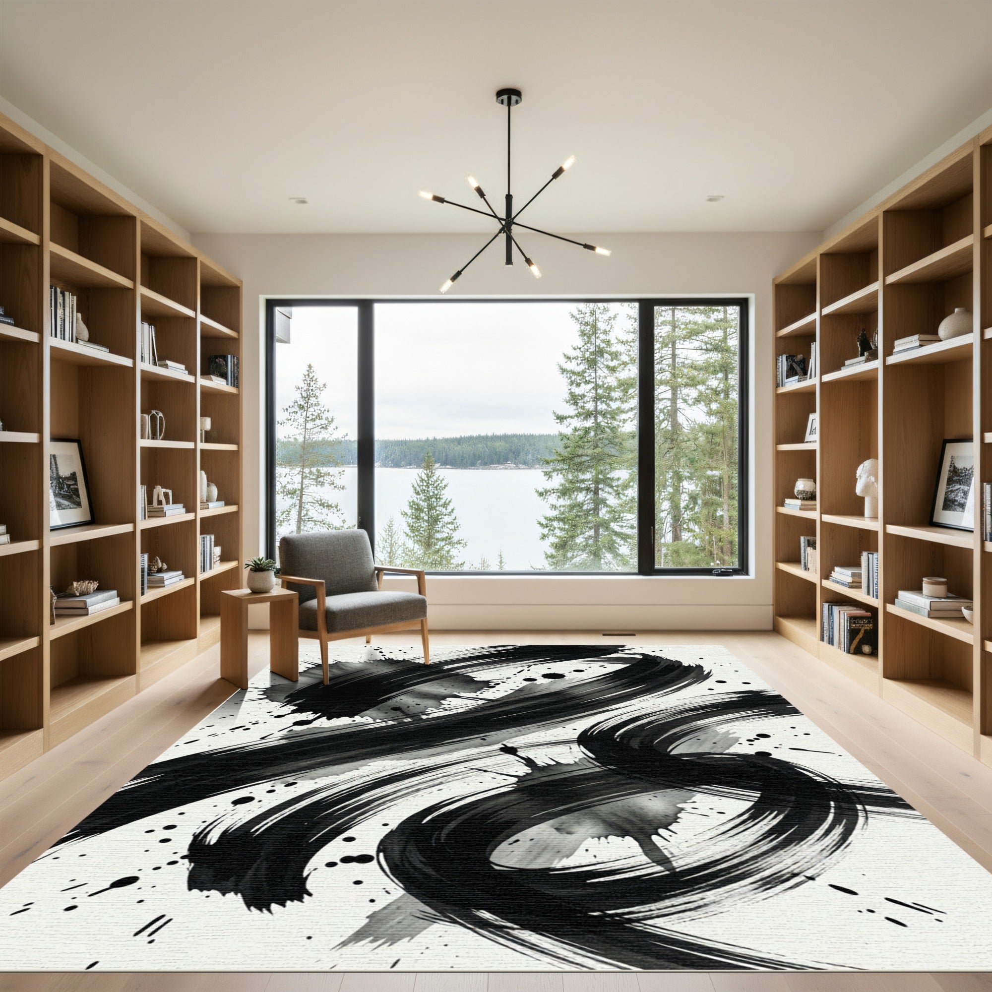 Bold Black Ink Brushstroke Splatter Rug