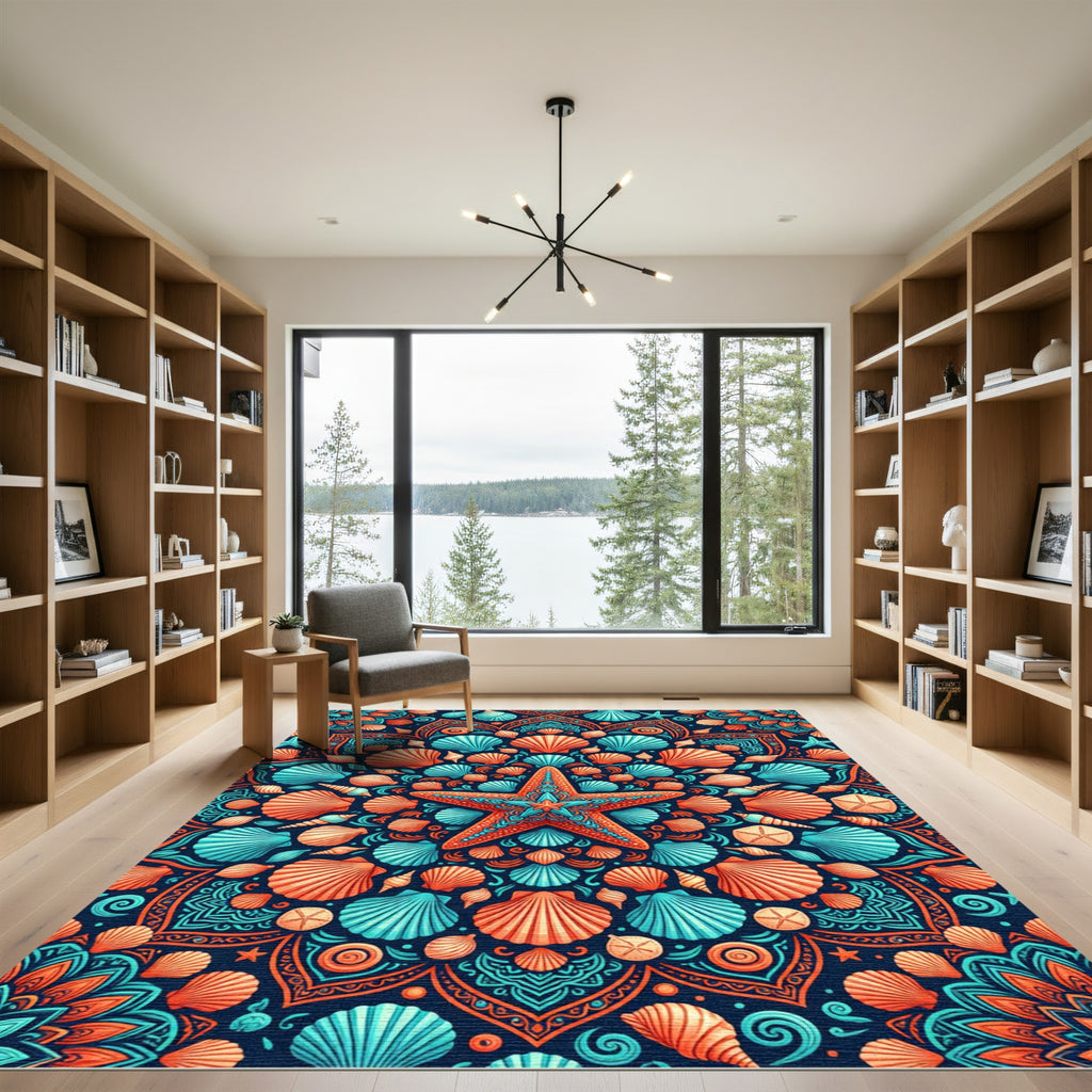 Vibrant Coral Blue Starfish Seashell Mandala Rug
