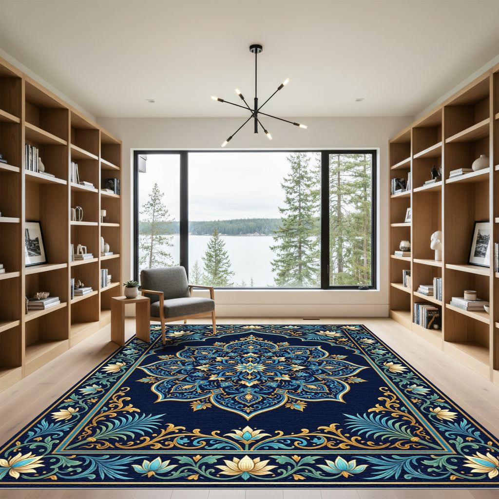 Deep Blue Golden Lotus Mandala Rug