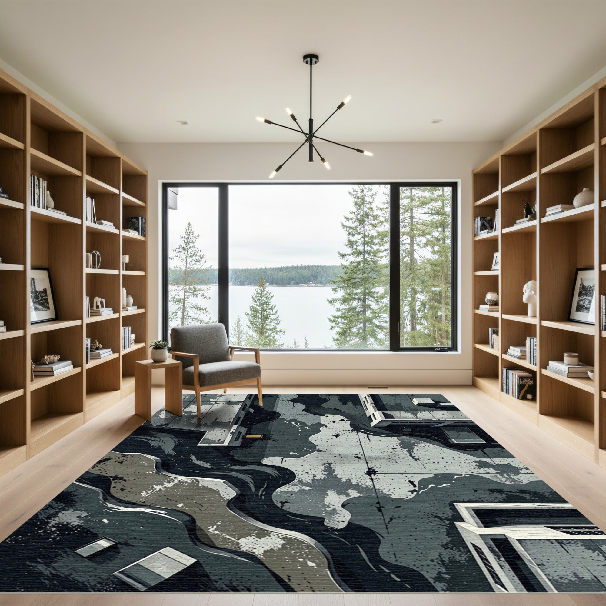 Abstract Slate Industrial Concrete Stream Rug