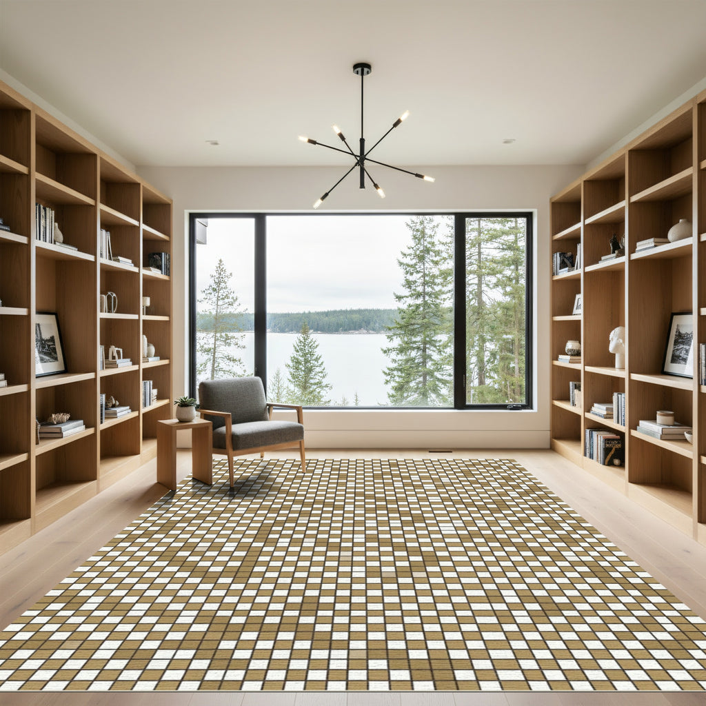 Earthy Gold White Checkerboard Mosaic Rug