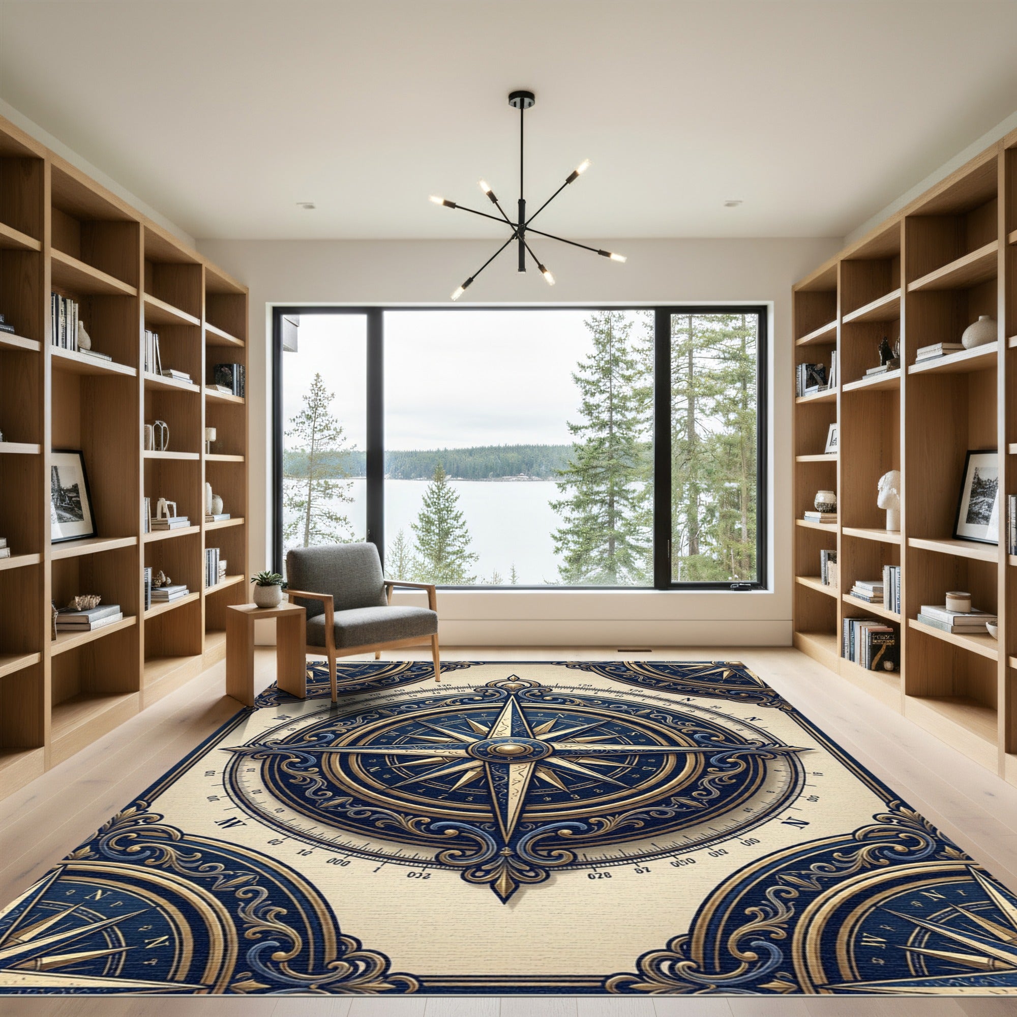 Golden Nautical Compass Navy Medallion Rug