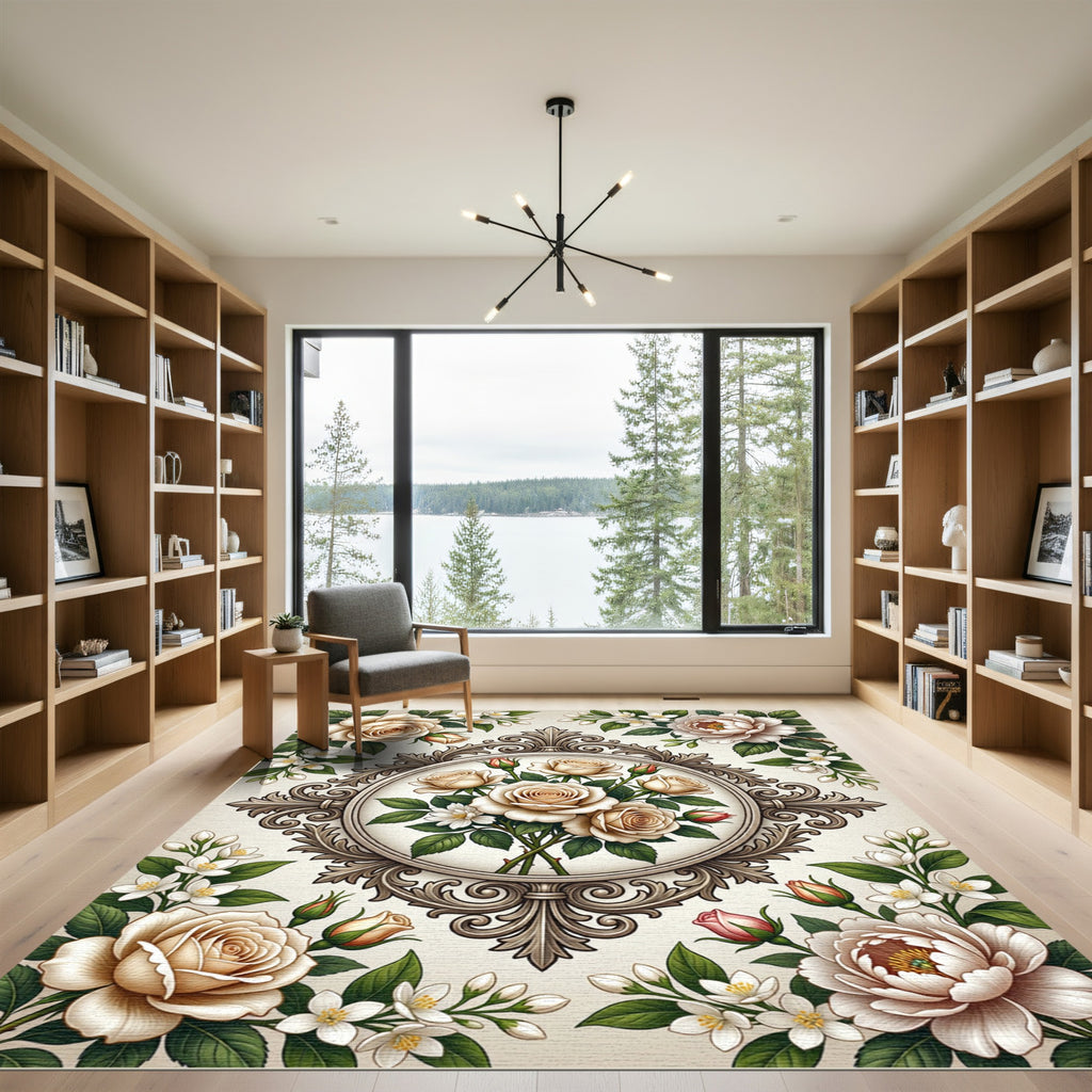 Elegant Victorian Cream Rose Medallion Rug