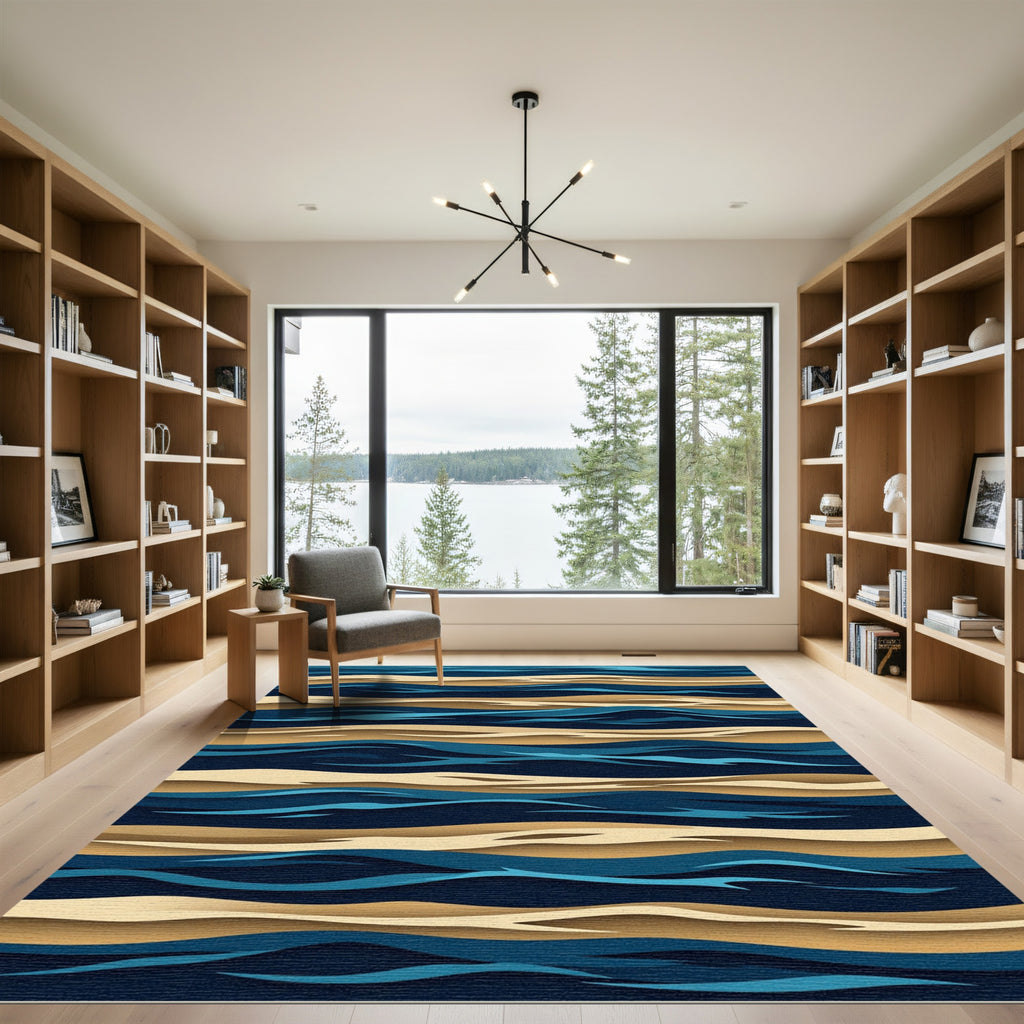Modern Navy and Gold Abstract Waves Rug