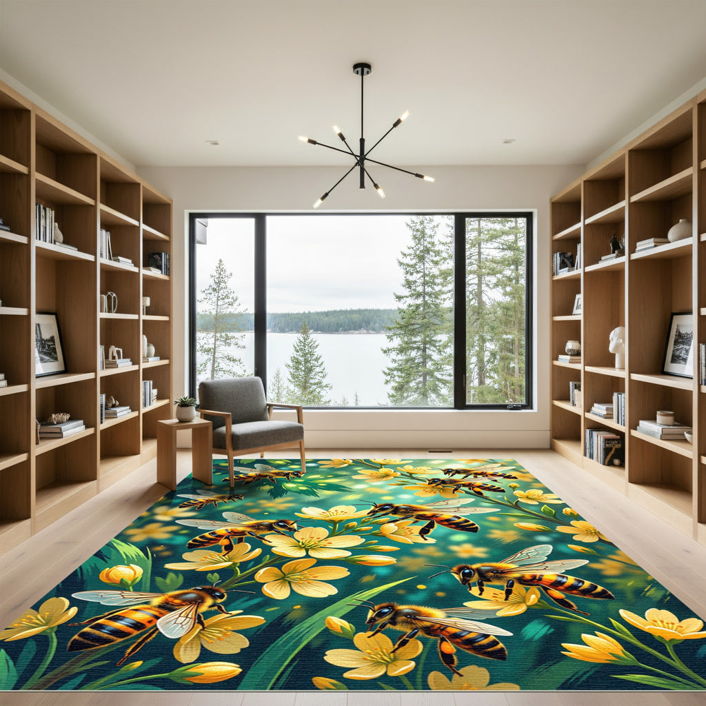 Vibrant Golden Bee and Floral Meadow Rug