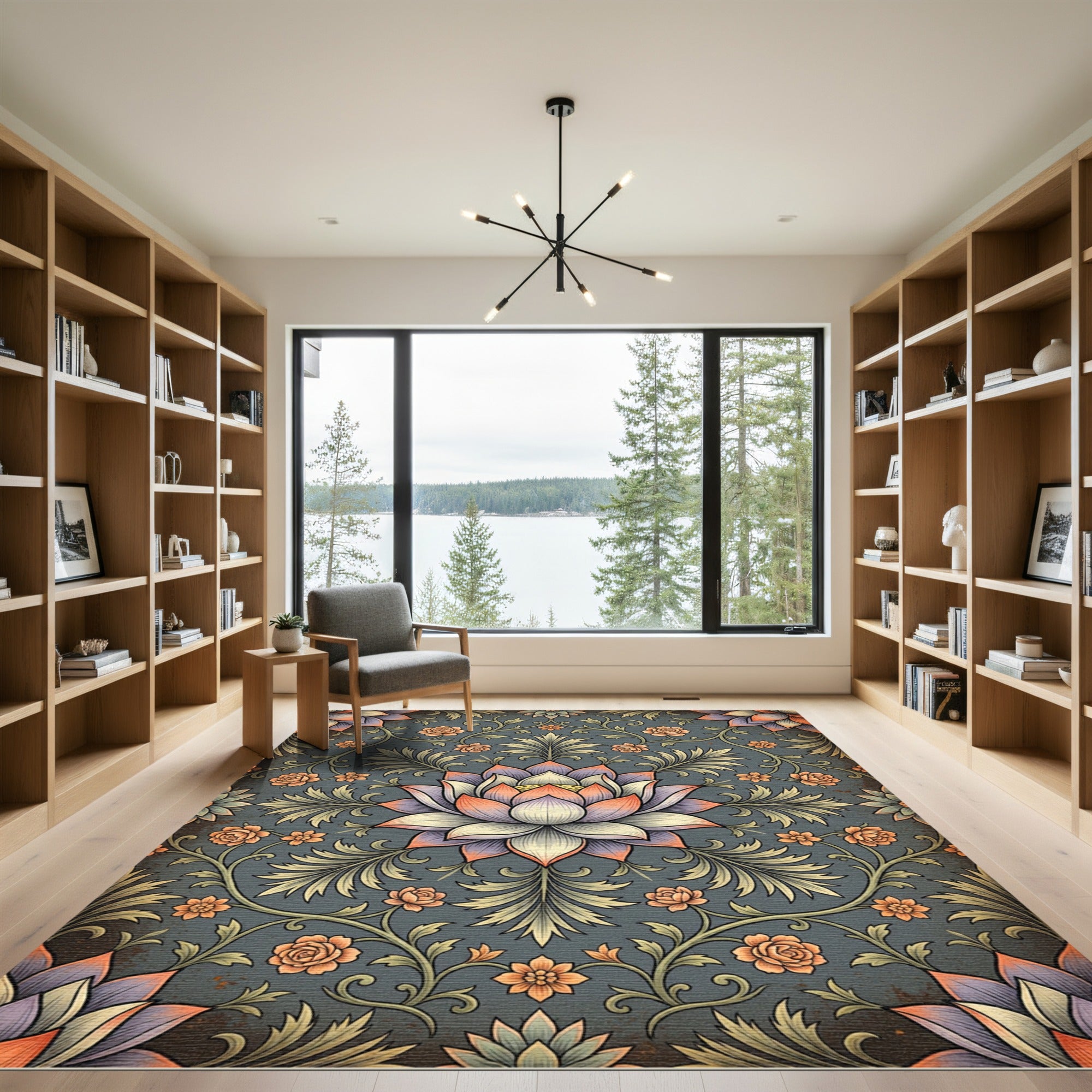 Elegant Lotus Floral Medallion Grey Canvas Rug