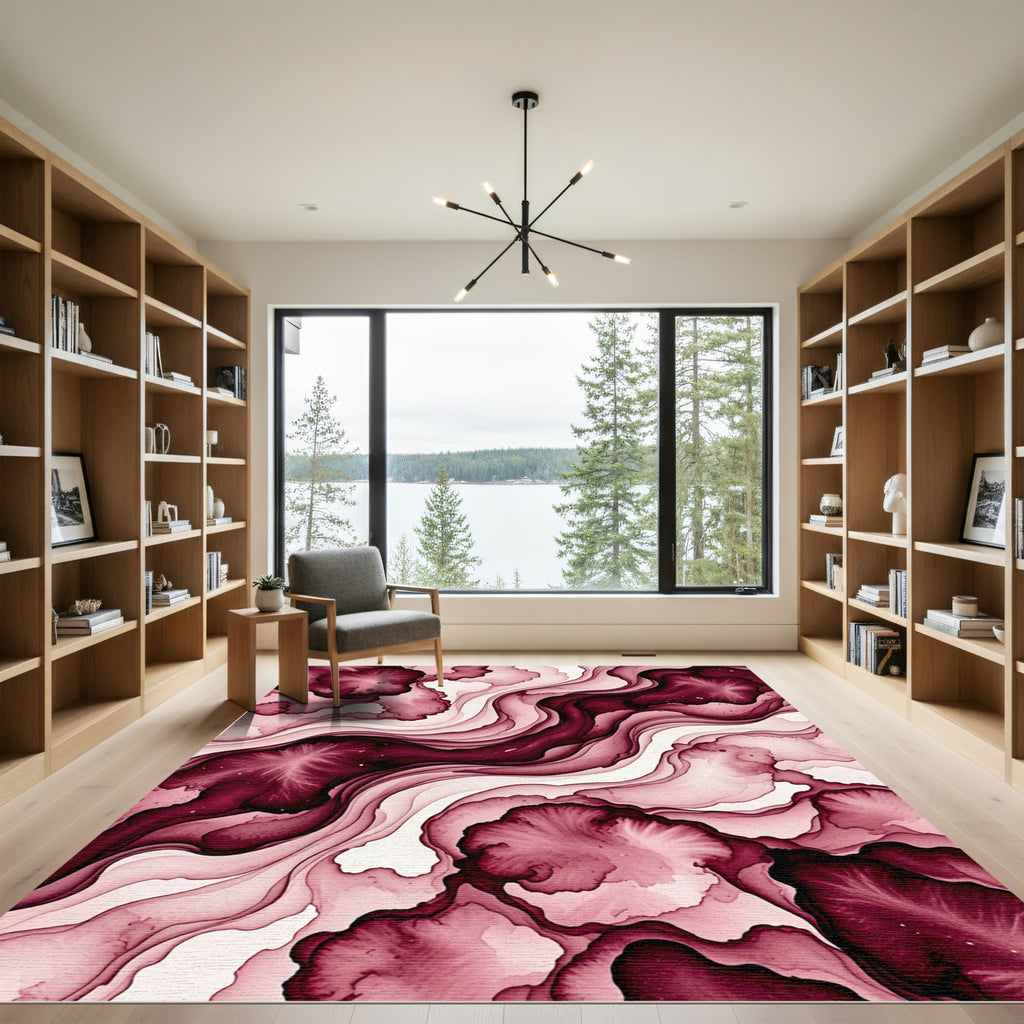 Abstract Burgundy Flowing Ink Swirls Rug