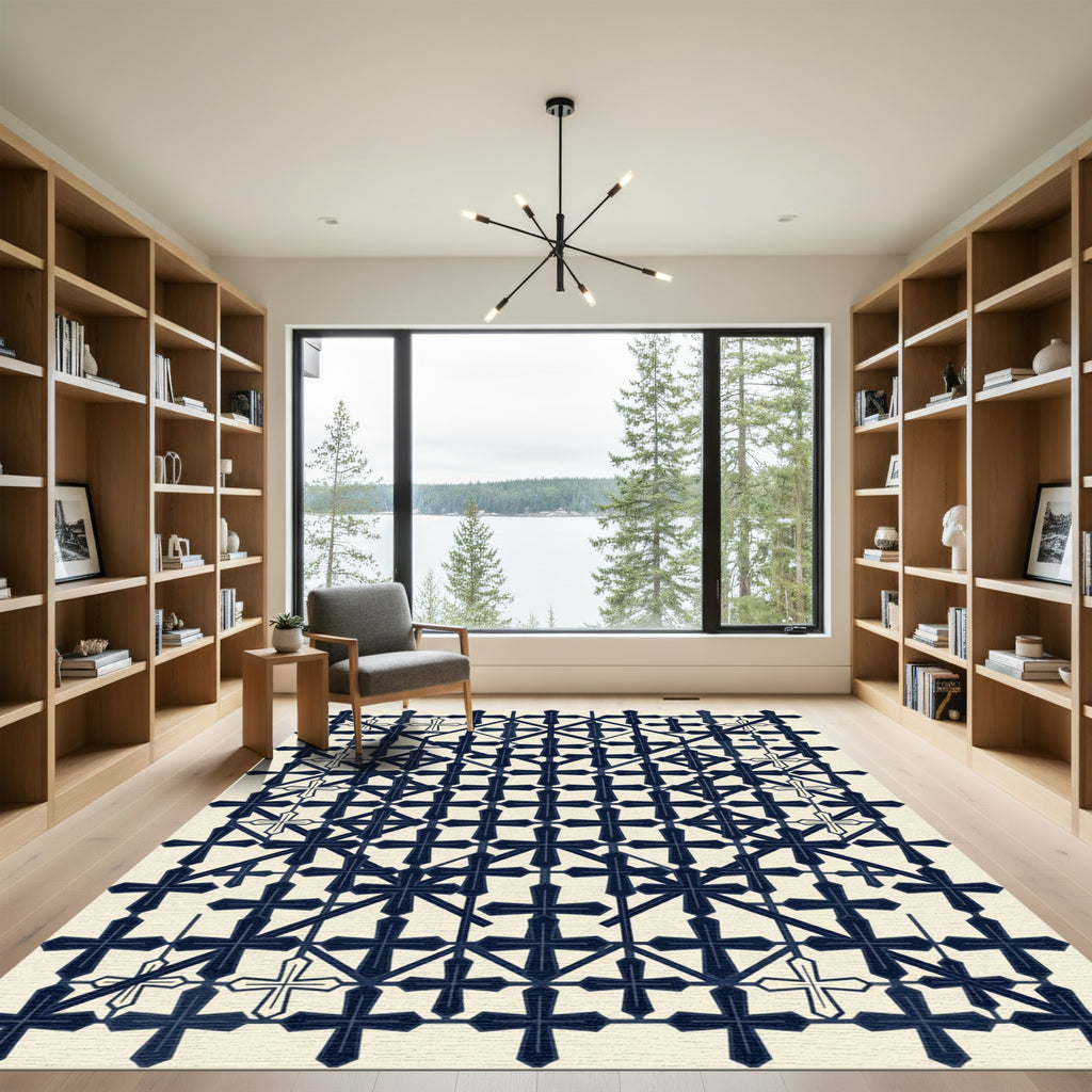Navy and Cream Geometric Cross Grid Rug