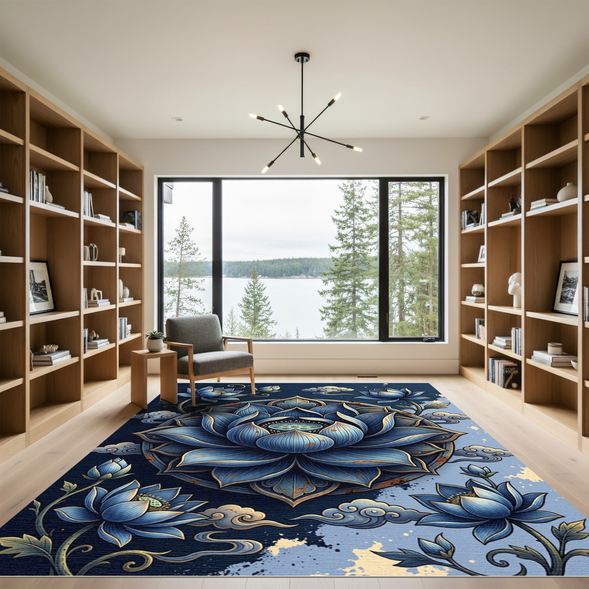 Elegant Navy Lotus Mandala Cloud Arrangement Rug