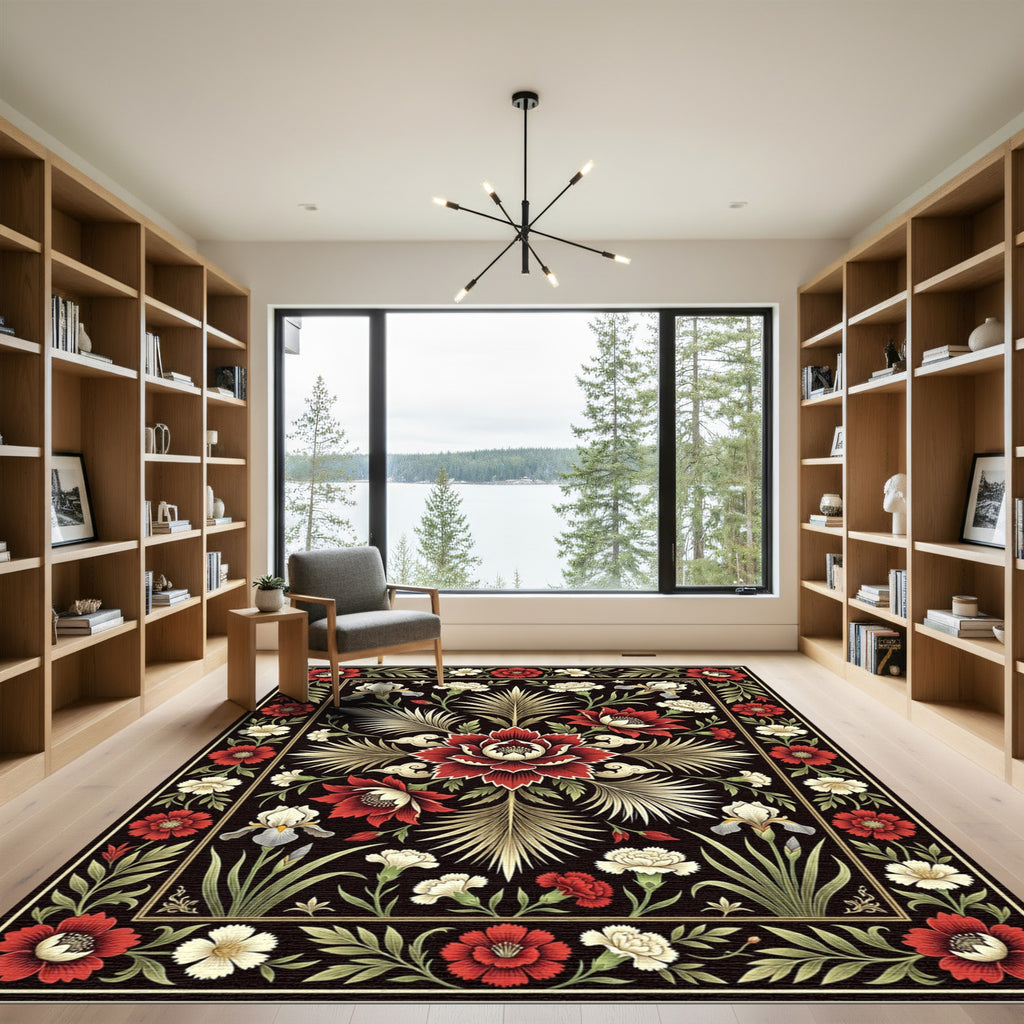 Deep Red Floral Botanical Garden Rug