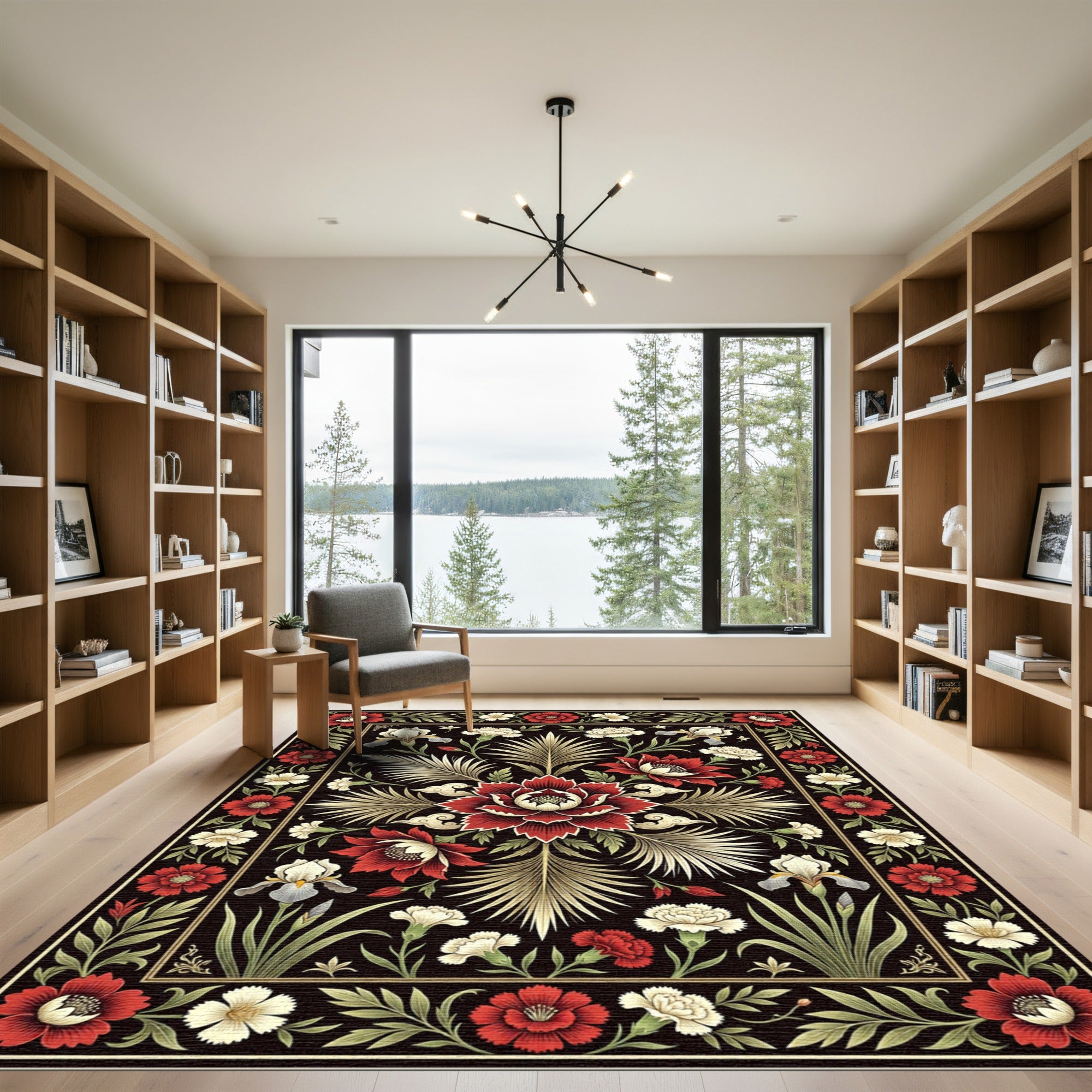 Deep Red Floral Botanical Garden Rug