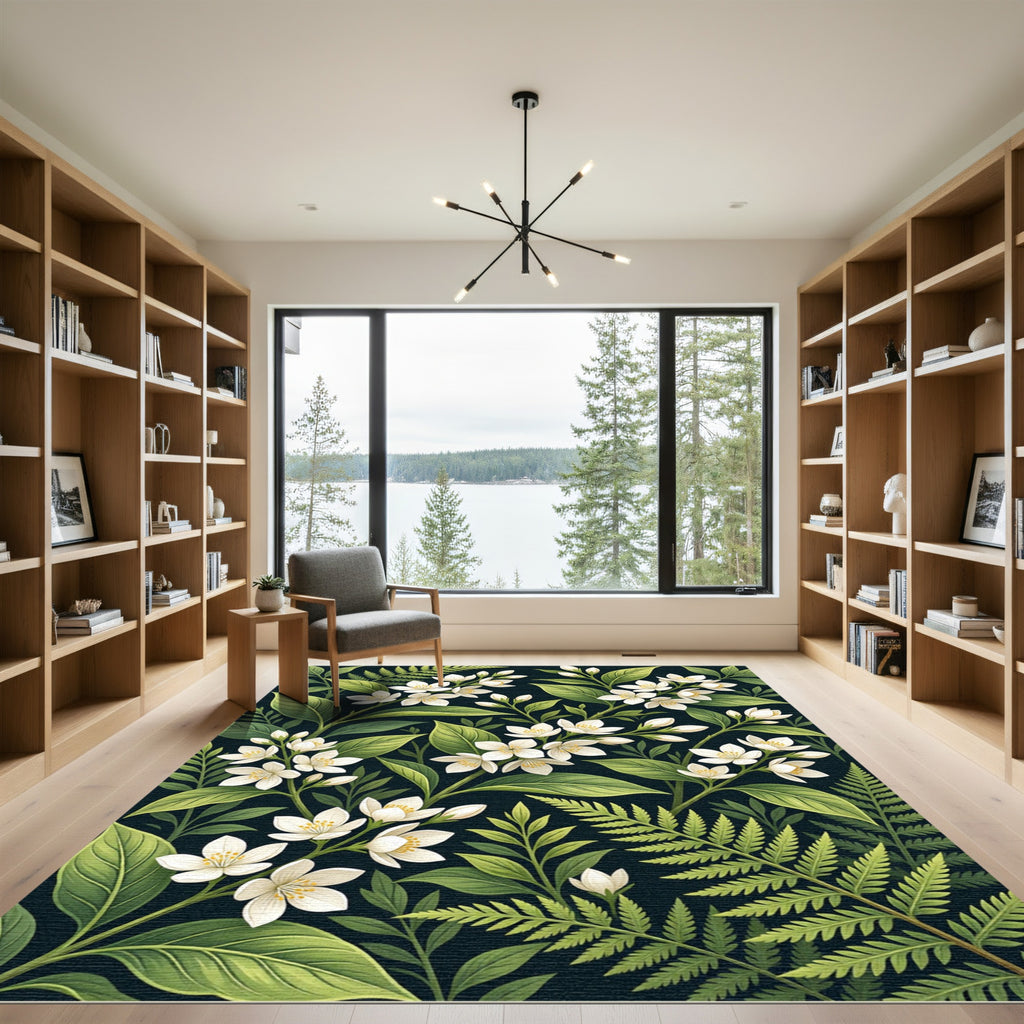 Lush White Blossom And Fern Pattern Rug