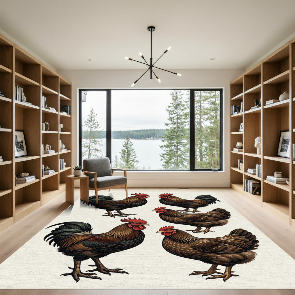 Rustic Farmhouse Brown Rooster Illustration Rug