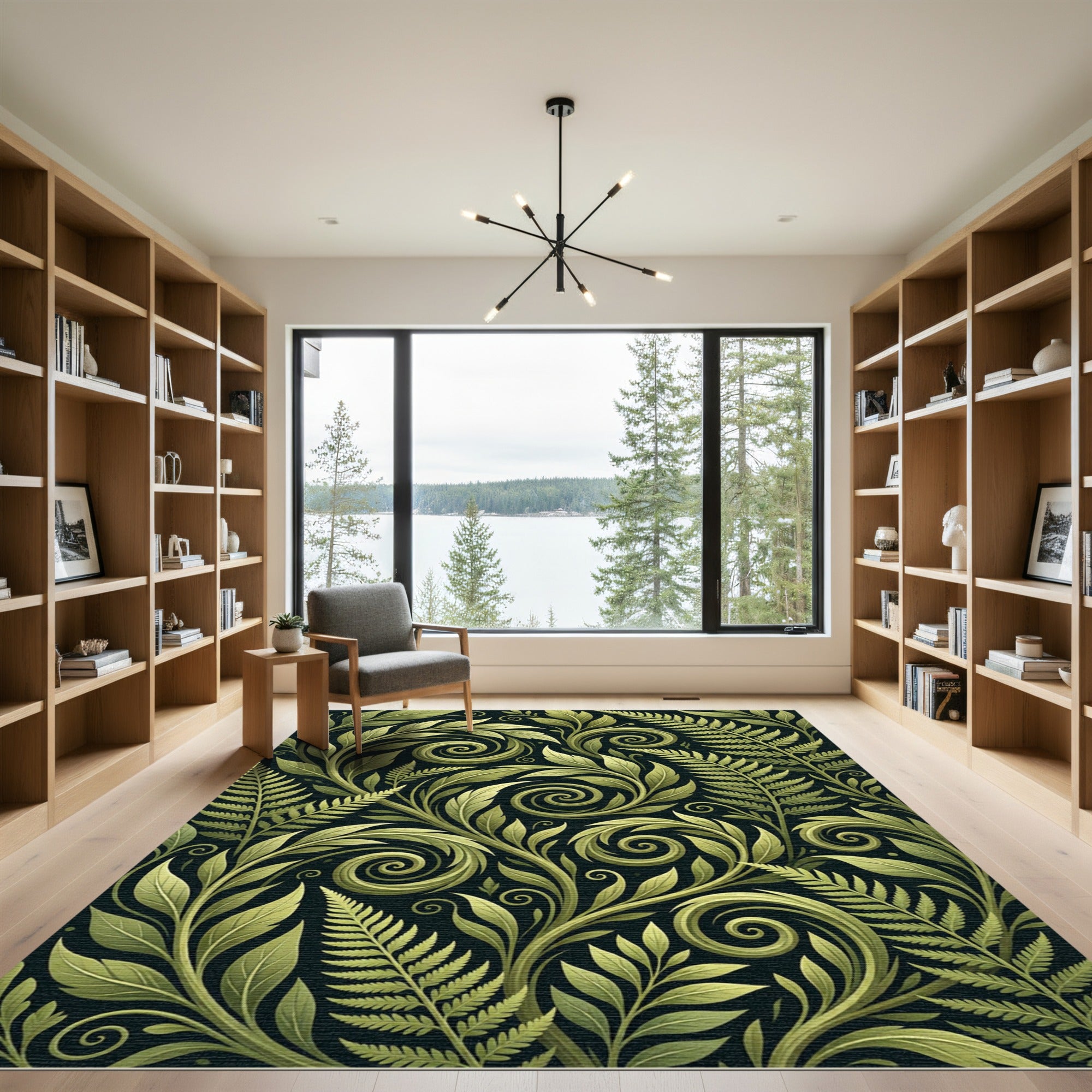 Sage Green Fern Foliage Swirls Rug