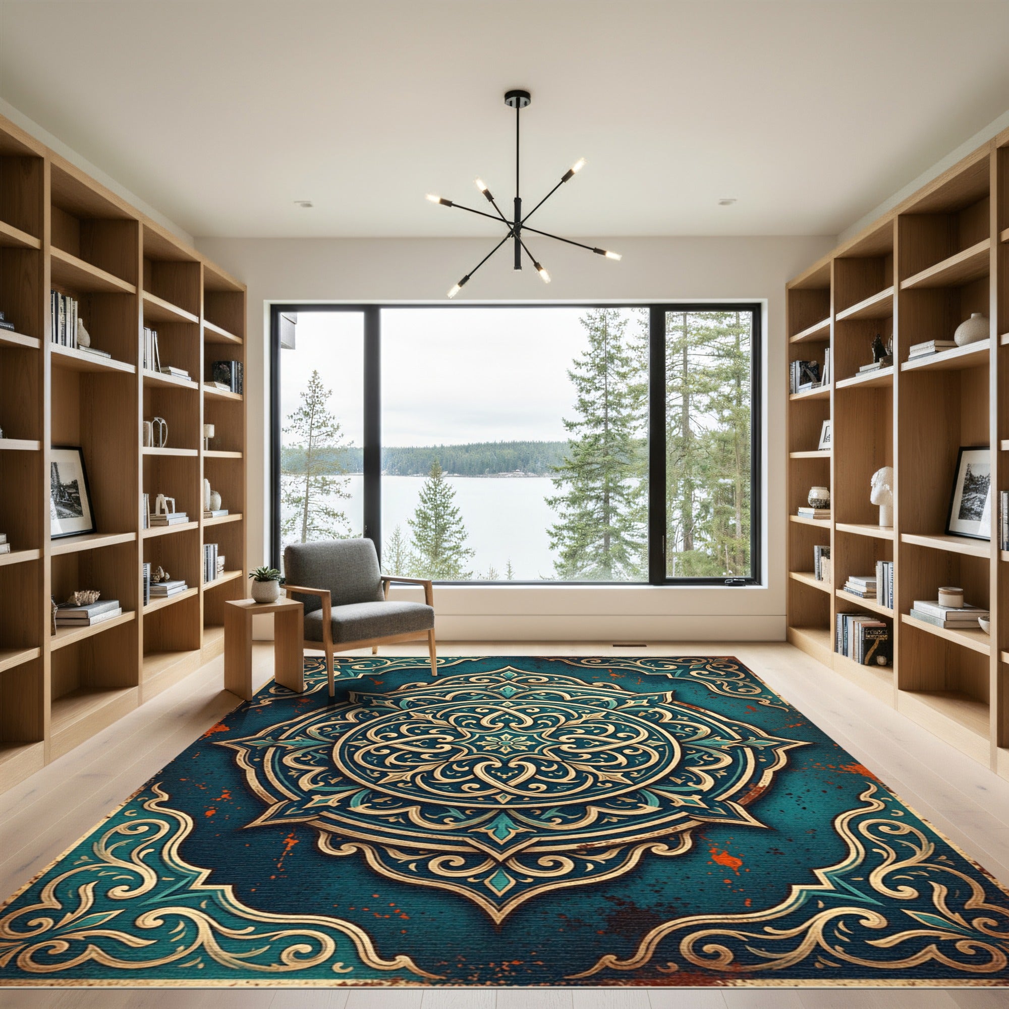 Ornate Teal Gold Medallion Mandala Rug