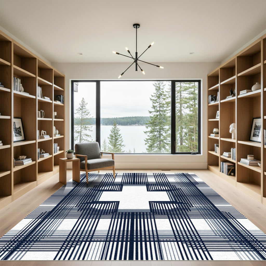 Dark Blue Geometric Plaid Cross Rug