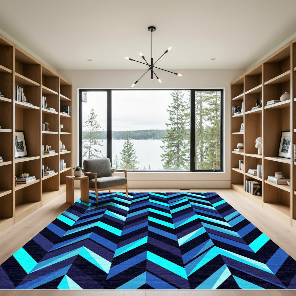 Deep Blue Chevron Geometric Rug