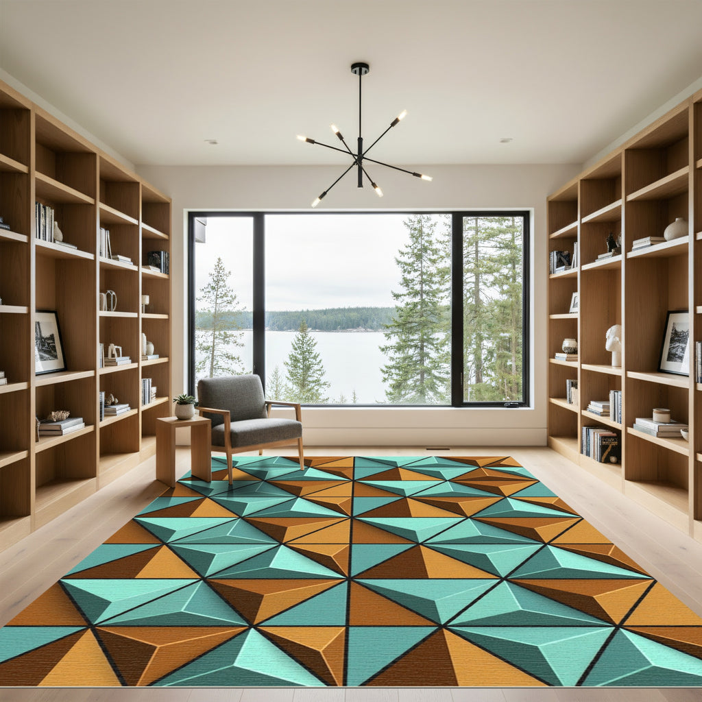 Geometric Teal and Copper 3D Pyramid Rug