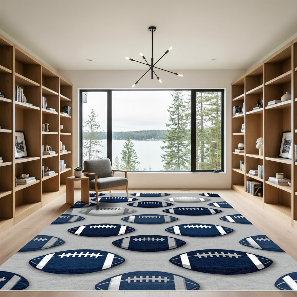 Navy and Silver American Football Grid Rug