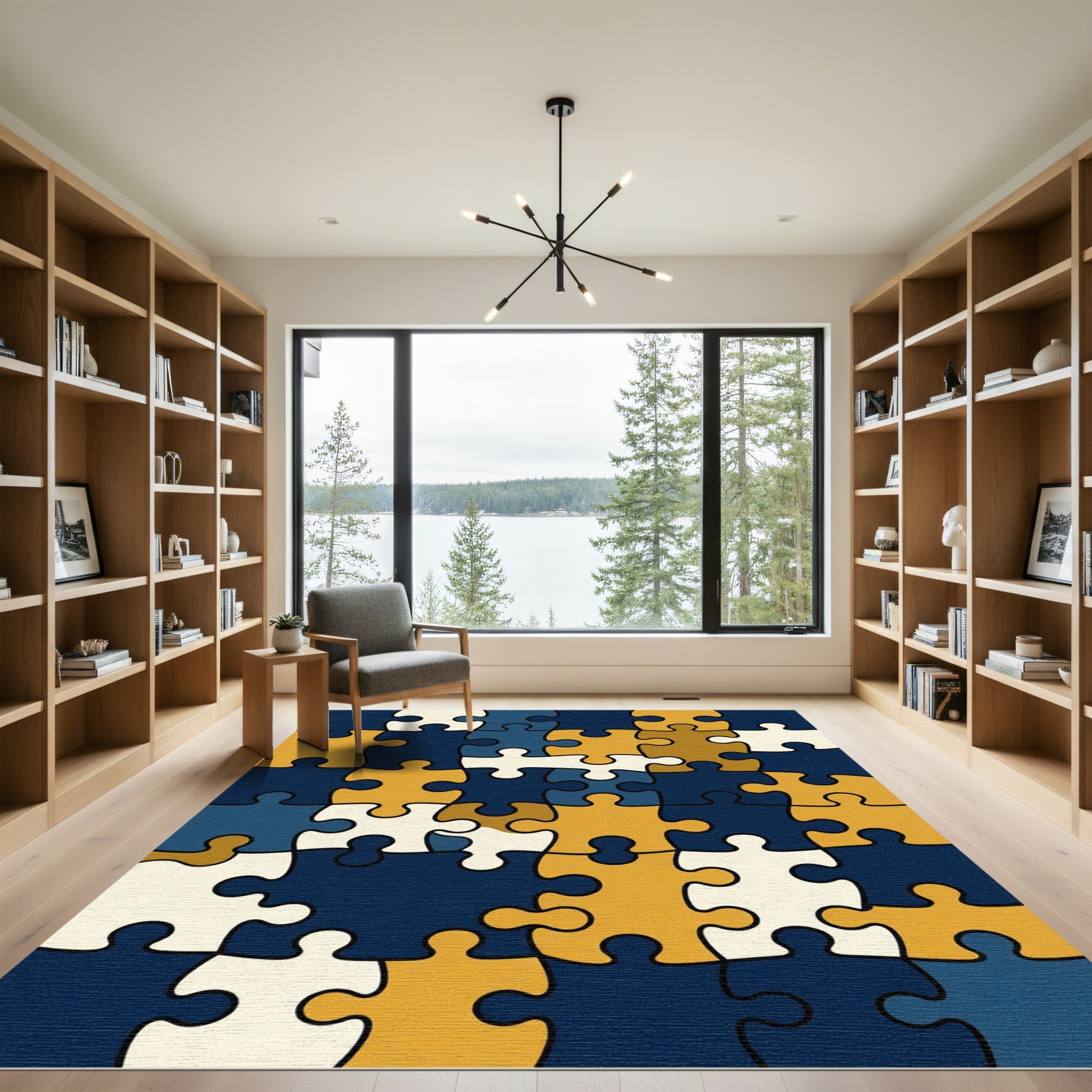 Abstract Navy and Gold Puzzle Rug