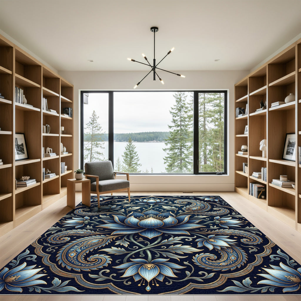 Navy Blue Lotus Floral Paisley Art Rug