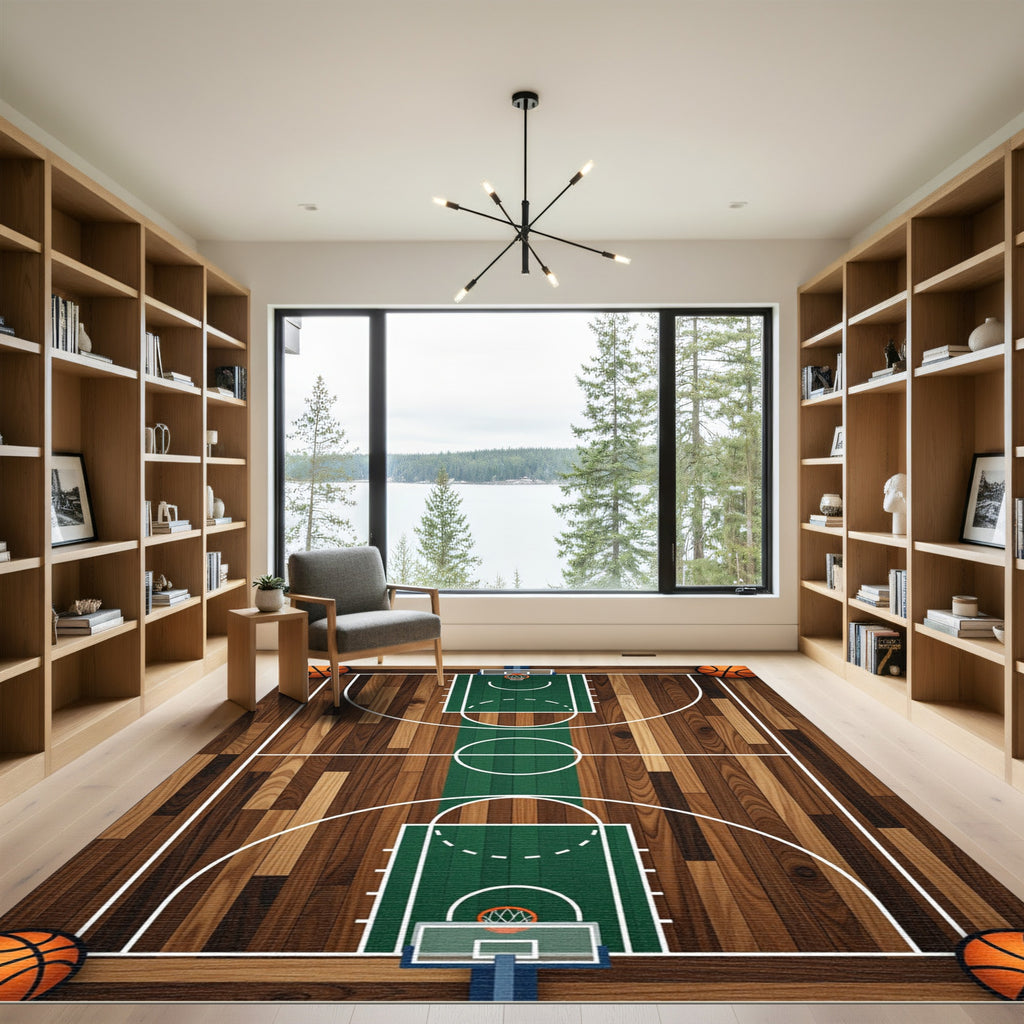 Basketball Court Green Wood Centerpiece Rug
