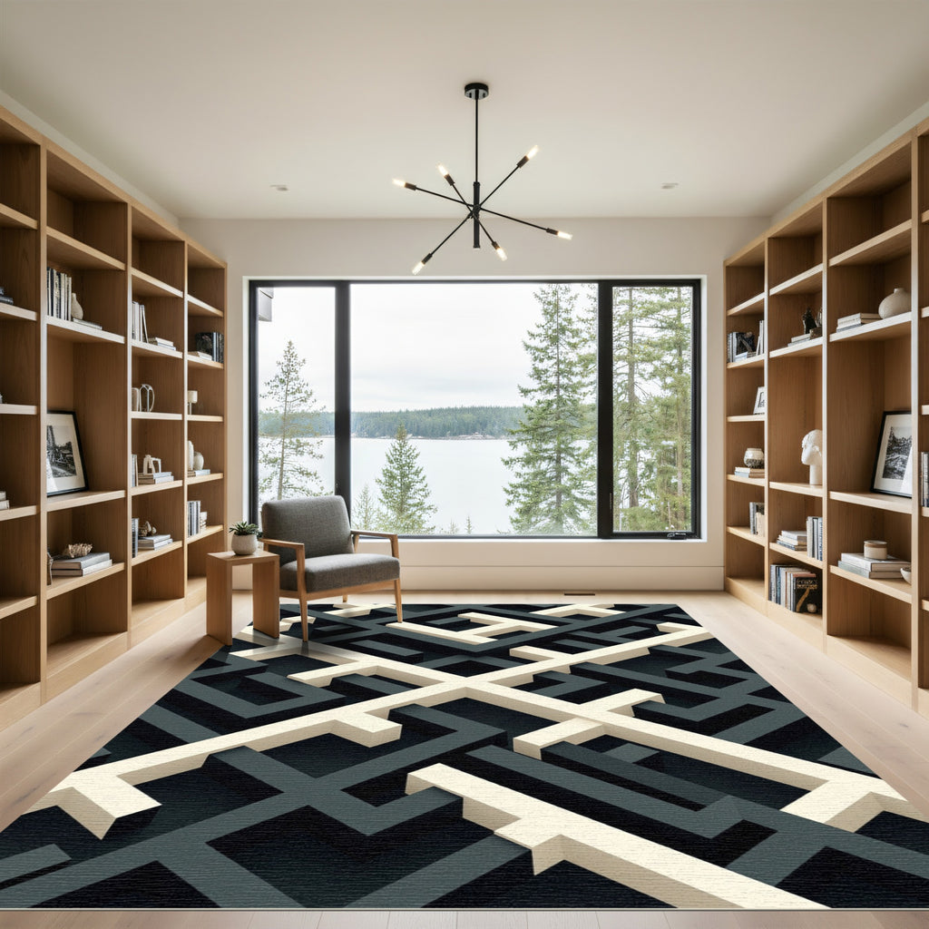 Modern Monochrome Geometric Interlocking Maze Rug