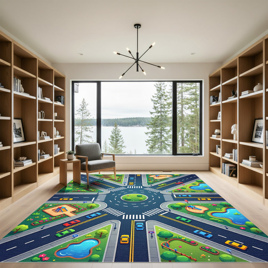 Vibrant Modern City Traffic Intersection Map Rug