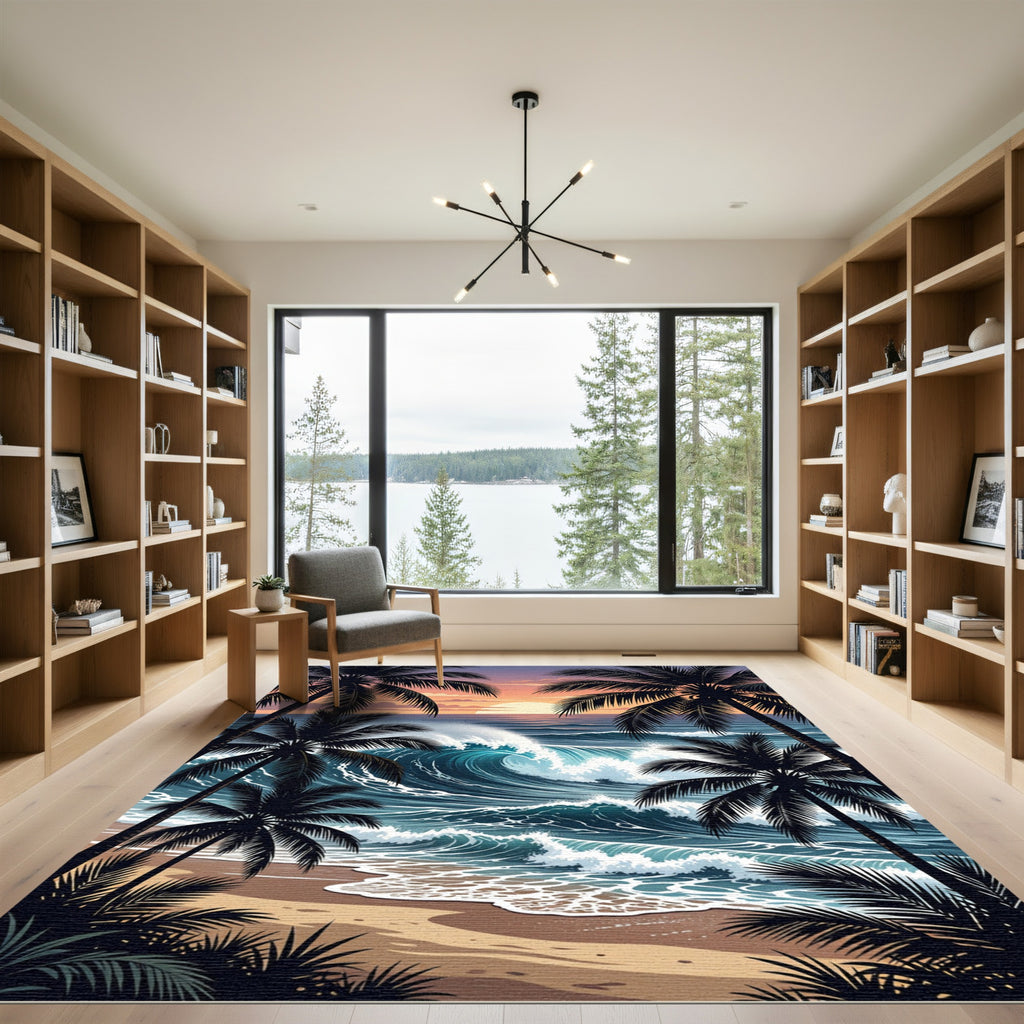 Tropical Sunset Palm Tree Ocean Wave Rug