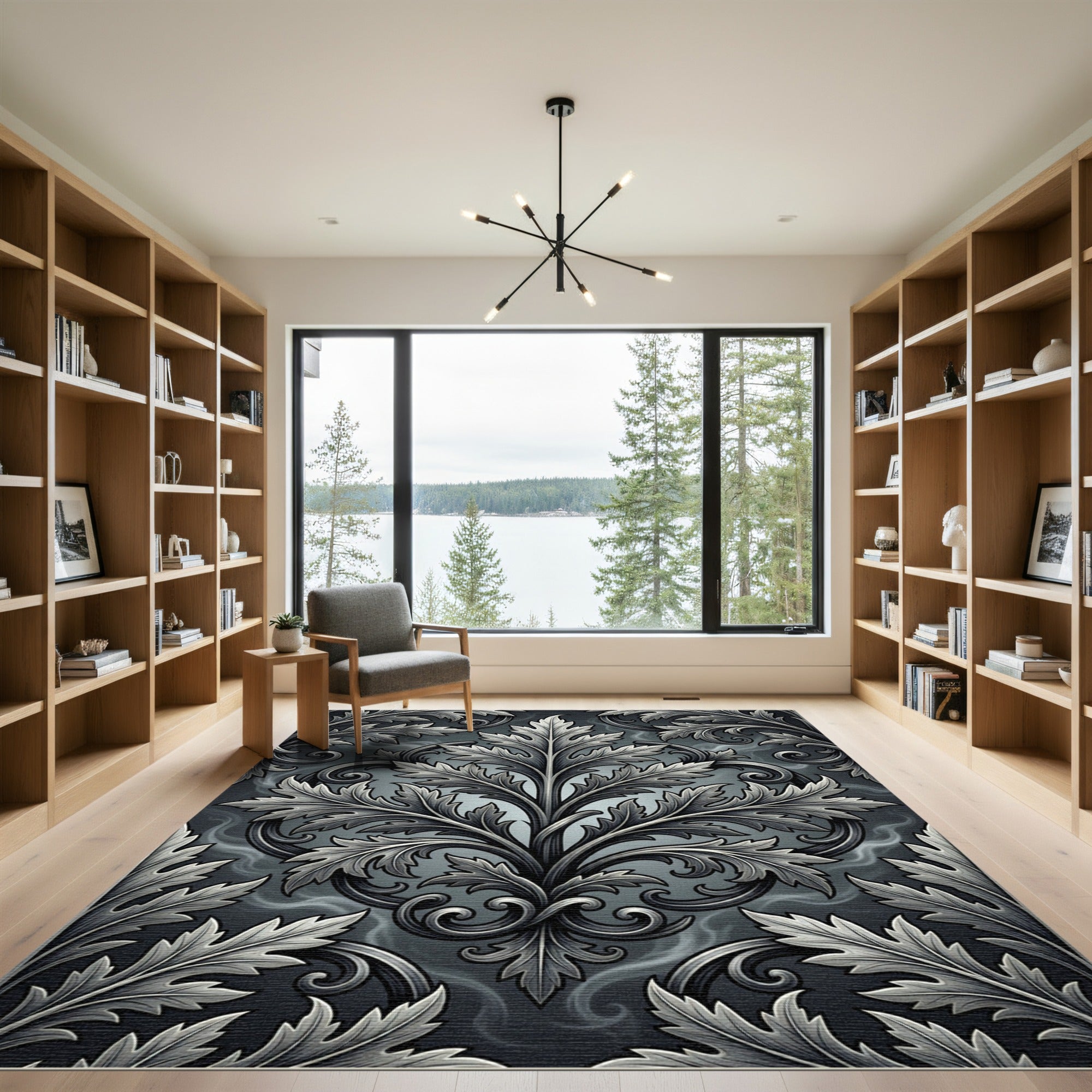 Elegant Charcoal Silver Acanthus Scroll Rug