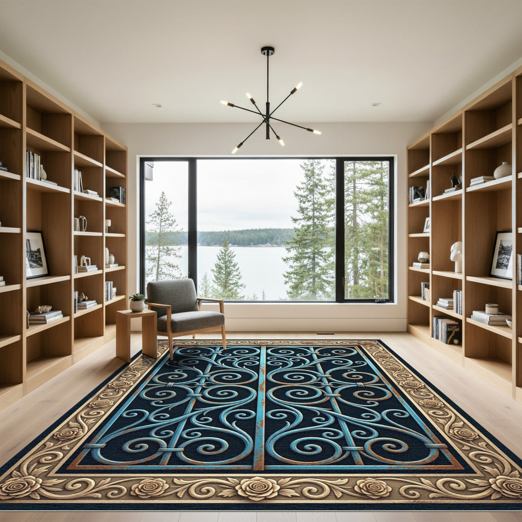 Ornate Blue Scrollwork with Golden Roses Rug