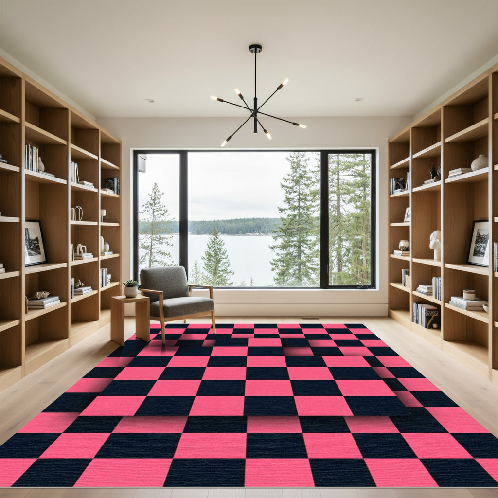 Bold Hot Pink and Black Checkerboard Rug