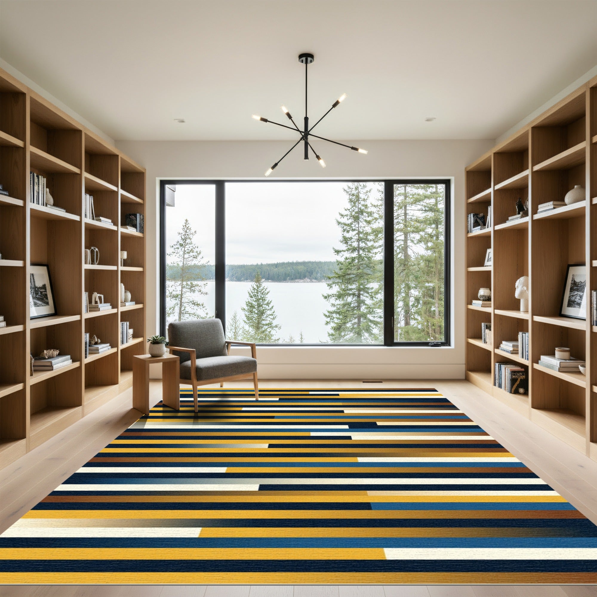 Modern Golden Navy Linear Gradient Stripe Rug