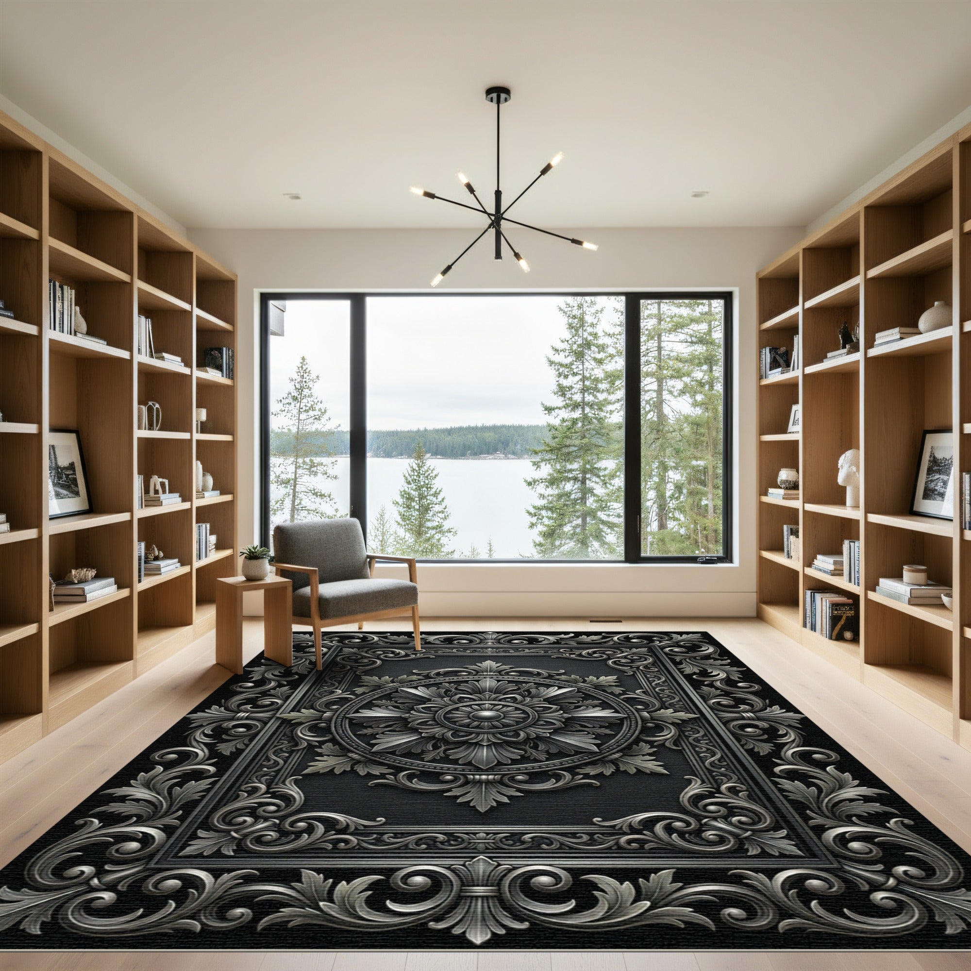 Ornate Silver Floral Rectangle Medallion Rug
