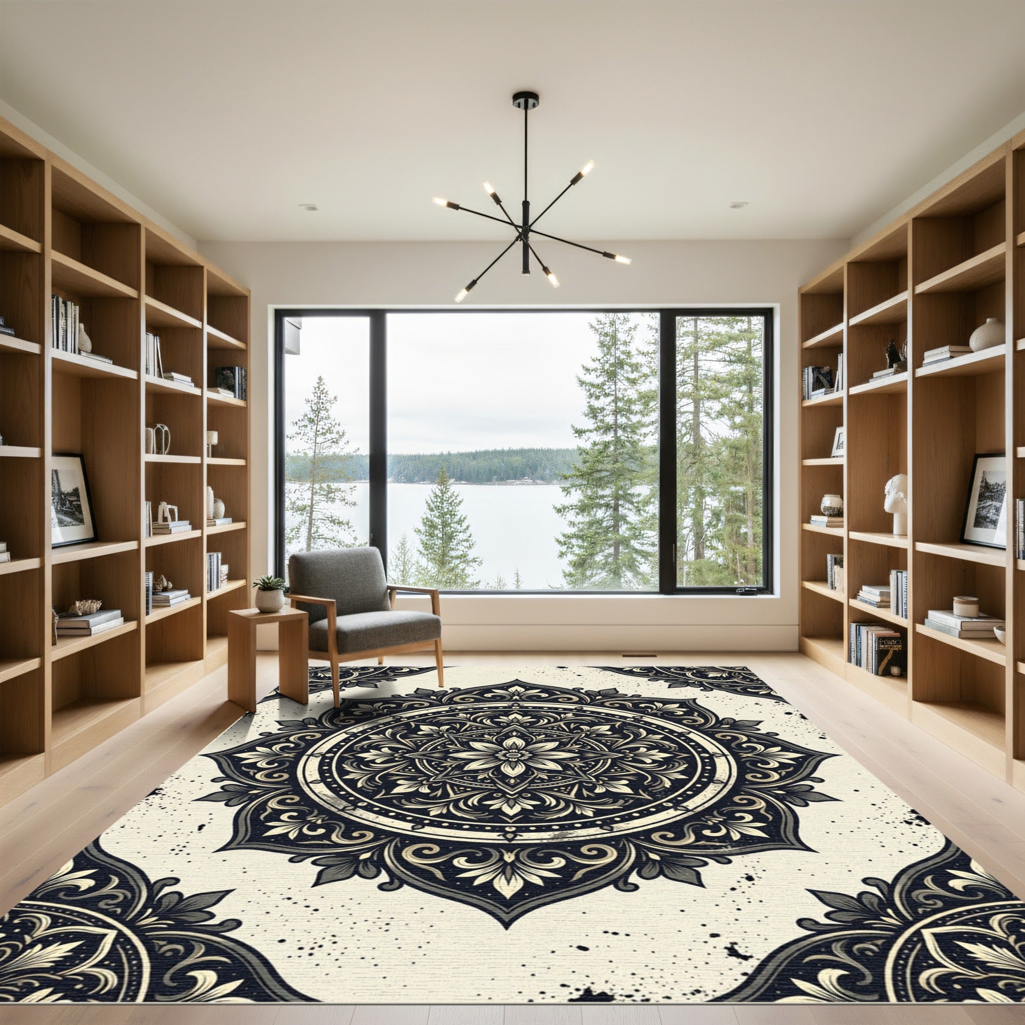 Ornate Black Floral Mandala Medallion Rug