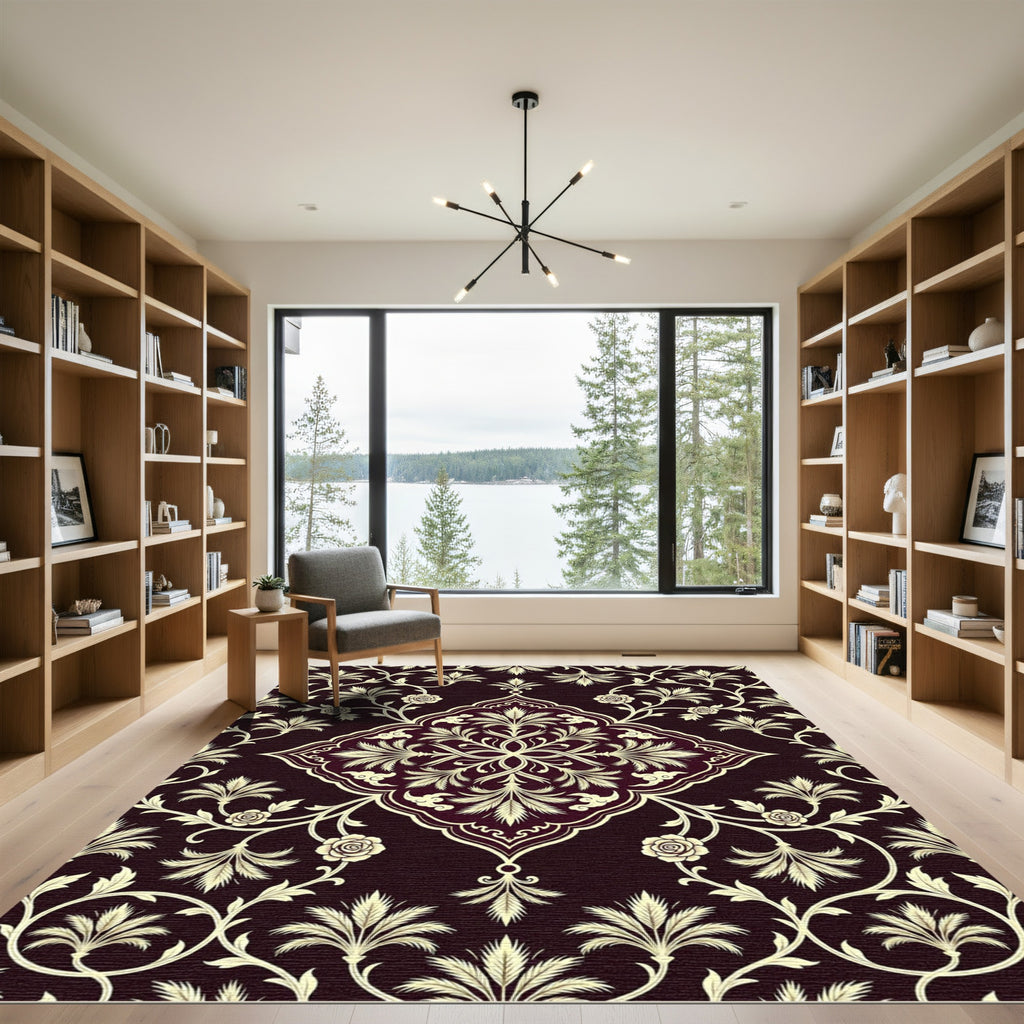 Elegant Dark Burgundy Floral Damask Rug