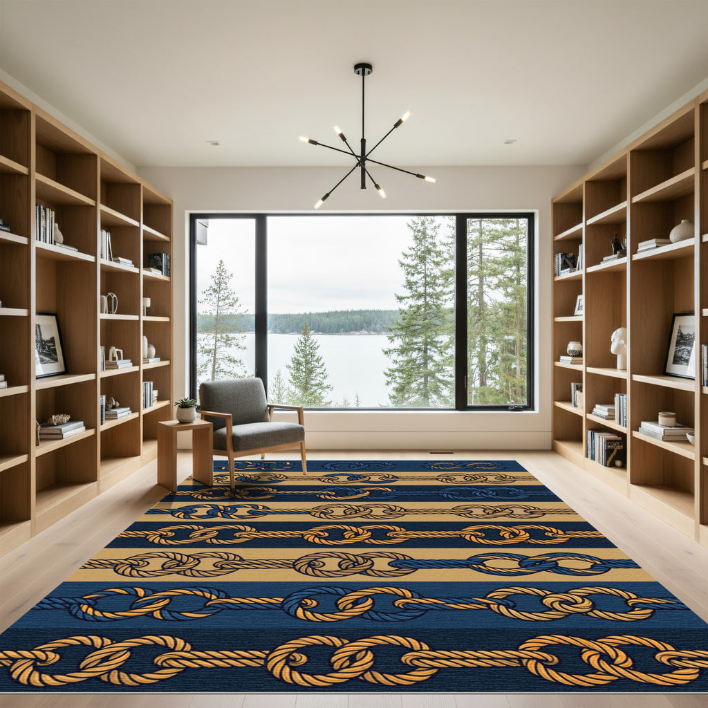 Nautical Blue Gold Rope Stripes Rug