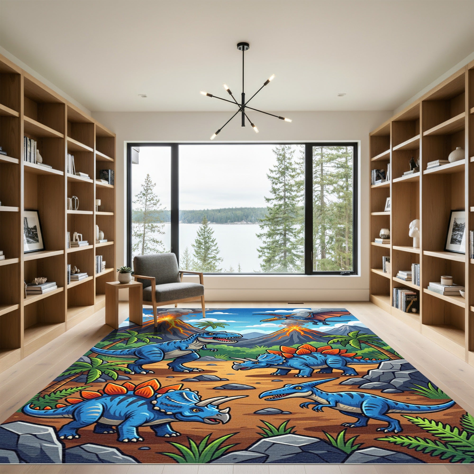 Vibrant Volcanic Blue Dinosaur Landscape Rug